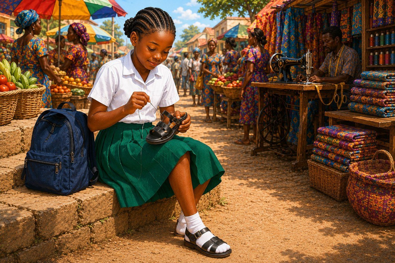 Abena sitting on a low wall beside a colorful market while repairing one sandal before school.