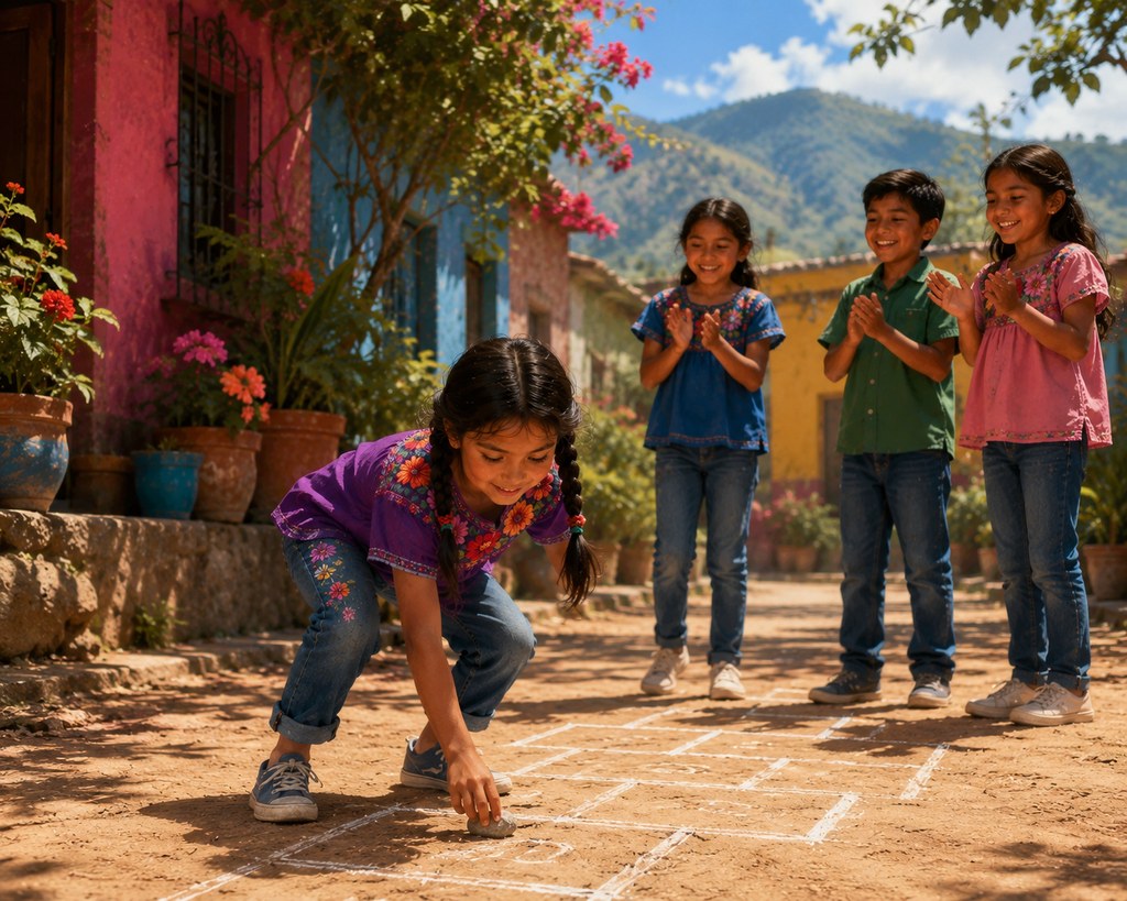 Abigail bending down to pick up her stone while friends clap beside a hopscotch grid in Mexico.