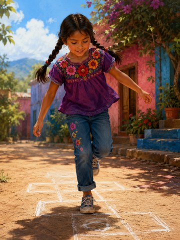 Abigail, a girl from Mexico, ready to play hopscotch.