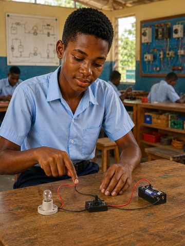 Teenage student Kofi tracing a wire connection in a school electrical workshop.